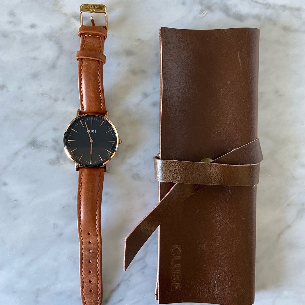 Cluse women’s watch with camel band.